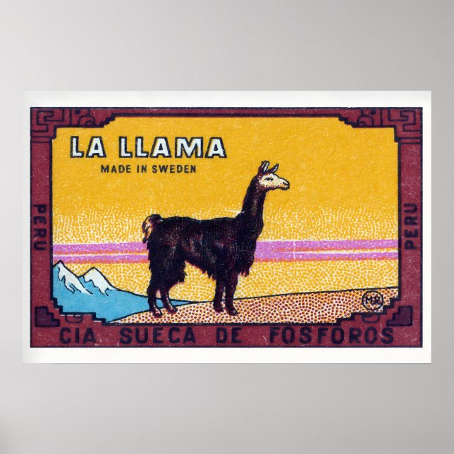 Poster Llama Standing Peru 1920s-30s Matchbox Label (Frente)