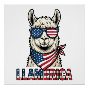 Pôster Llamerica Llama Patriótico Design Vetorial Vintage