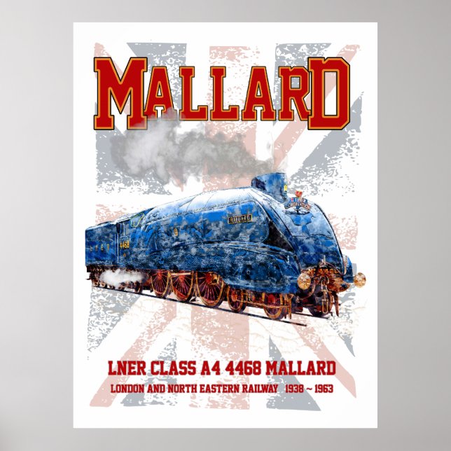 Poster LNER Class A4 Mallard locomotive Union Jack flag (Frente)