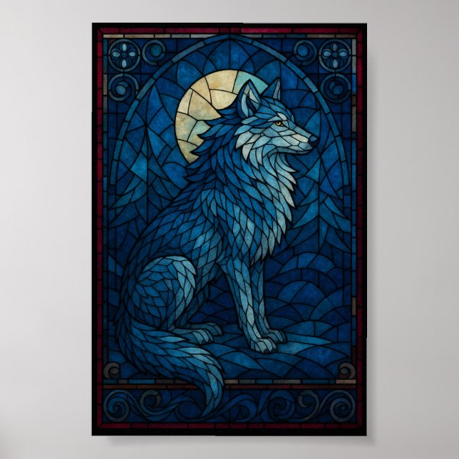 Poster Lobo Azul Místico – Arte de Parede em Estilo Vidro (Frente)