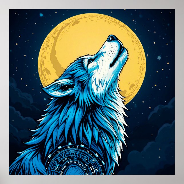 Poster Lobo Azul Místico Uivando para uma Lua Cheia (Frente)
