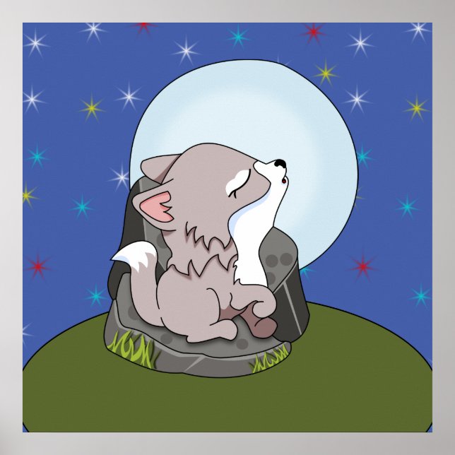 Poster Lobo Bebê Uivando Para a Lua (Frente)