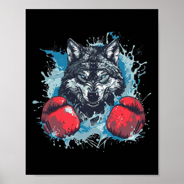 Poster Lobo Boxeador Com Luvas de Boxe Kickboxing Boxe Di (Frente)