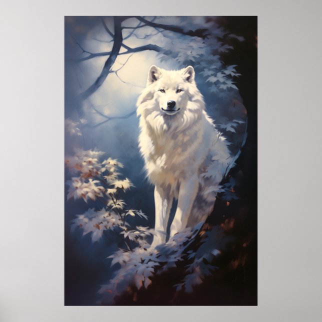 Poster Lobo Branco Adorável Baixo da Lua (Frente)