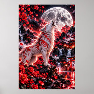 Poster Lobo Branco Flores Vermelhas — Alma de Neon