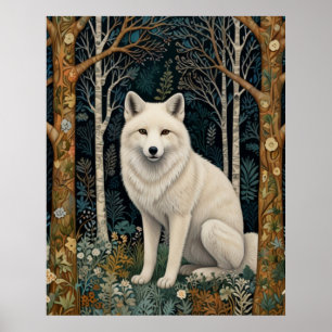 Poster Lobo branco vintage boho floresta de madeira 