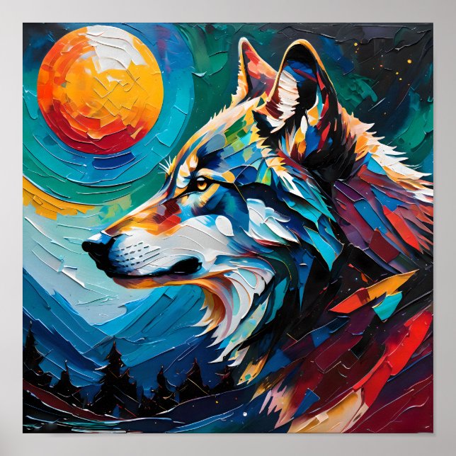 Poster Lobo Celestial Sob a Lua Pintada – Abstrato  (Frente)