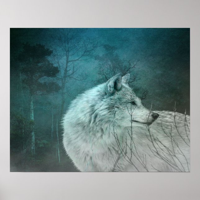 Poster Lobo Cinza bonito numa Floresta Escura (Frente)