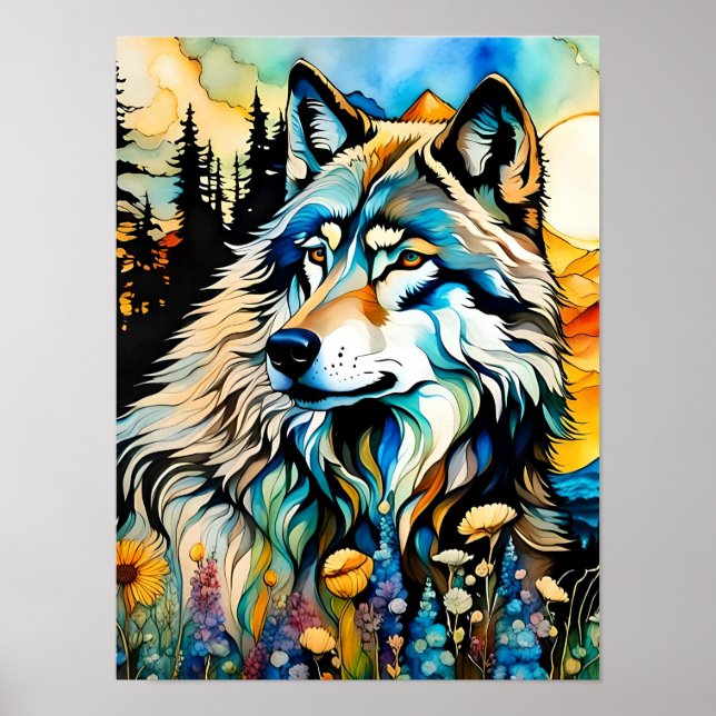 Poster Lobo-cinza e flores selvagens (Frente)