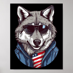 Poster Lobo Cinzento Com Bandeira Patriótica Dos EUA Dia