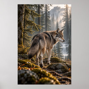 Poster Lobo Cinzento na Floresta de Montanha Arte de Pare