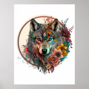 Poster Lobo Colorido Com Flores