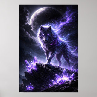 Poster Lobo Cristalino Roxo Celestial Montanha Fantasia