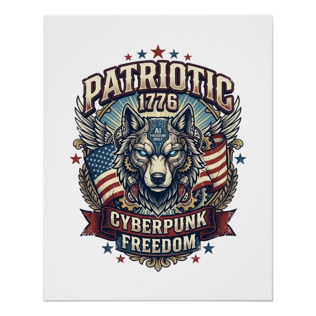 Pôster Lobo da Liberdade Patriótico Ciberpunk Futuro Libe (Frente)