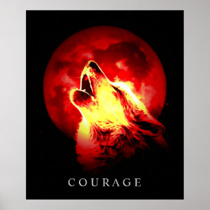 Poster Lobo de Coragem Motivacional Noite Vermelha Fullmo