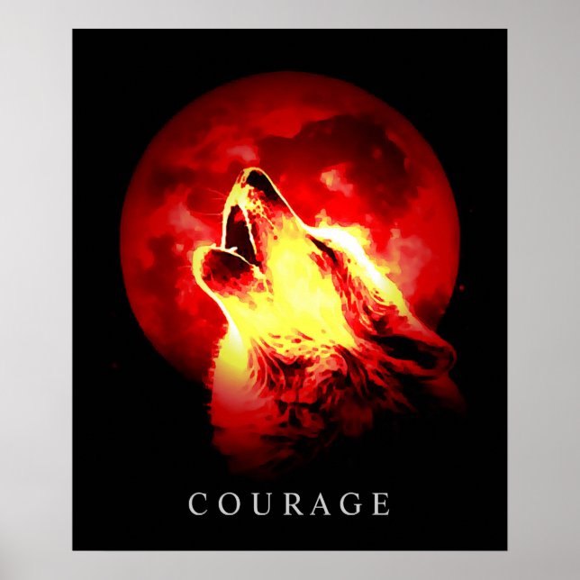 Poster Lobo de Coragem Motivacional Noite Vermelha Fullmo (Frente)