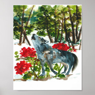 Poster Lobo do urro da aguarela