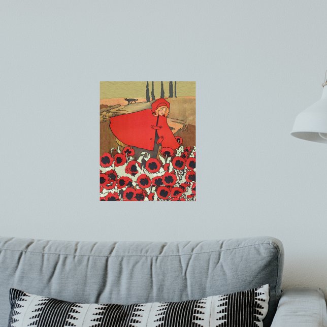 Poster Lobo dos Flores Vermelhas da Chapeuzinho Vermelho  (Red riding hood in cape picking poppy flowers in field with wolf on art wall poster.)