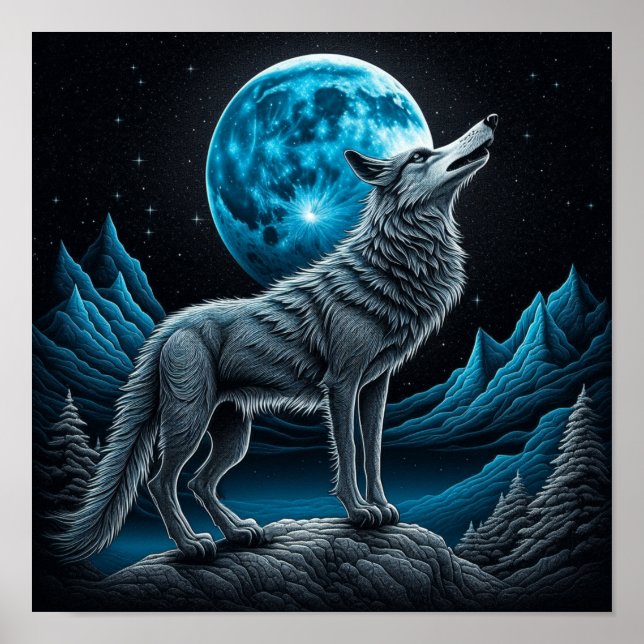 Poster Lobo em Pé na Frente da Lua Cheia | Arte de IA (Frente)