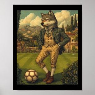 Poster Lobo Engraçado Jogando Futebol Gráfico Lobo Estran