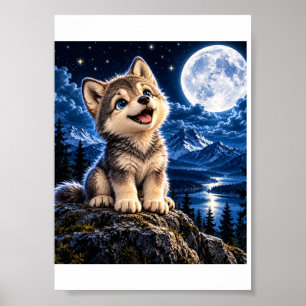 Poster Lobo Filhote Fofo – Aventura ao Luar