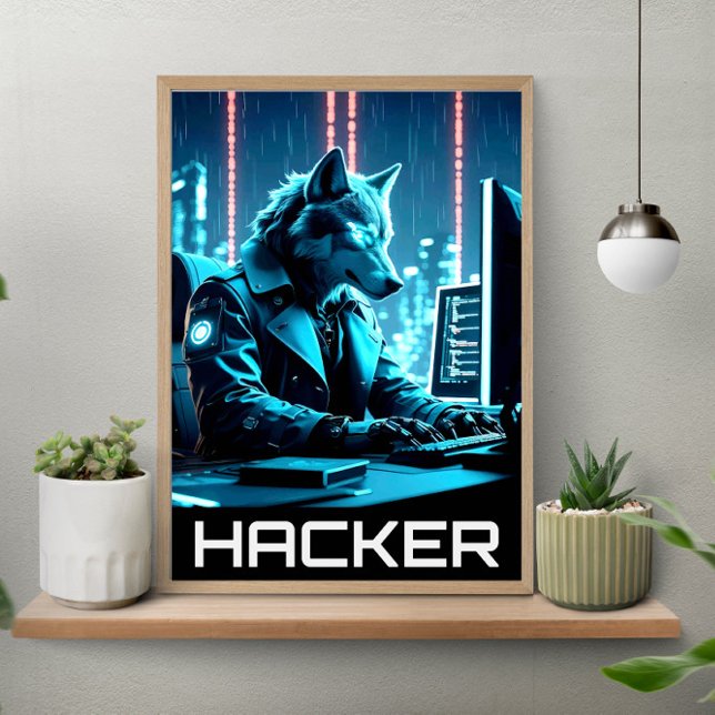 Poster Lobo Hacker Neon Estilo Cyberpunk (Criador carregado)