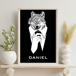 Poster Lobo Hipster Engraçado com Tuxedo Preto Personaliz