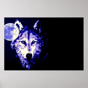 Poster Lobo Lua Cheia Azul Preto