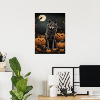 Poster Lobo Majestoso e Pumpkins debaixo da Lua
