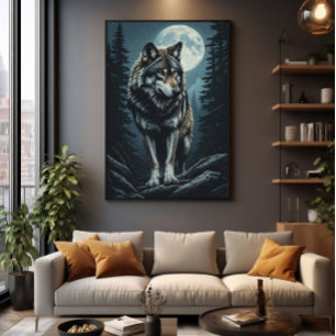 Poster Lobo Majestoso Sob a Lua Cheia