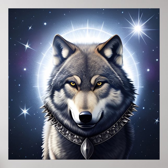 Poster Lobo Majestoso Sob Céu Estrelado (Frente)