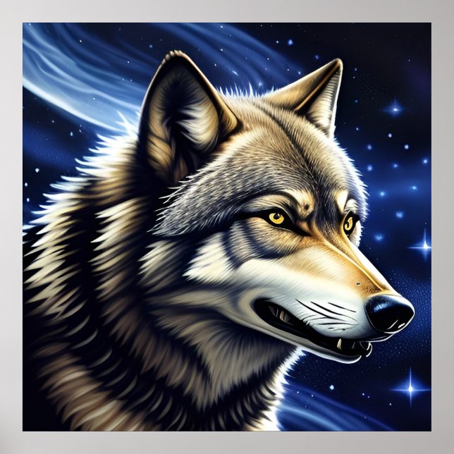 Poster Lobo Majestoso Sob Céu Estrelado (Frente)