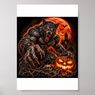 Poster Lobo Mau Assustador & Abóbora Flamejante – Hallowe