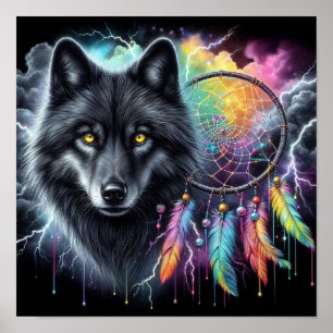 Poster Lobo Negro com um Apanhador de Sonhos