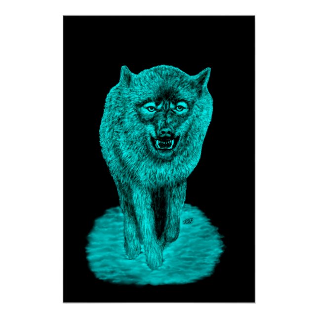 Pôster Lobo Negro Zangado na Noite (Frente)