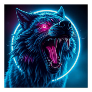 Pôster Lobo Neon de Terror Olhos Brilhantes Fantasia Somb