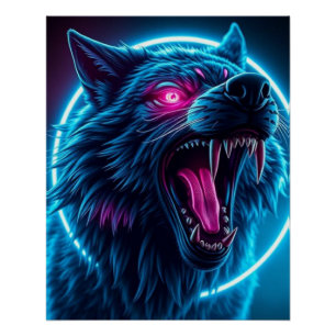 Pôster Lobo Neon de Terror Olhos Brilhantes Fantasia Somb