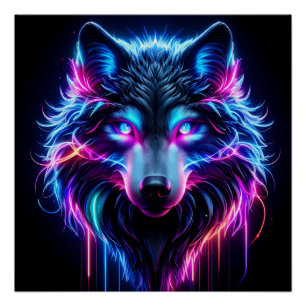 Pôster Lobo Neon Olhos Brilhantes Animal Futurista Cyberp
