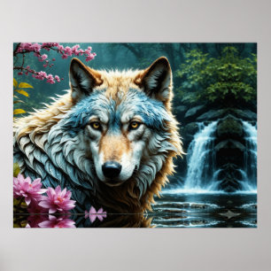 Poster Lobo no rio com flores