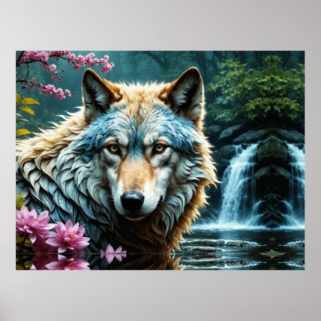 Poster Lobo no rio com flores (Frente)