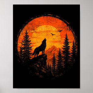 Poster Lobo pôr do sol montanha floresta natureza selvage