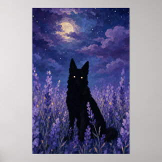 Poster Lobo Preto em Campo de Lavanda