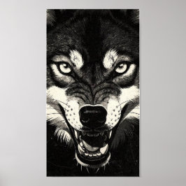 Poster Lobo Rosnando Gráficos Preto Branco Estilo 50s