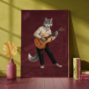 Poster Lobo Sofisticado Tocando Violão Arte