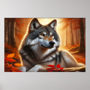 Poster Lobo Solitário na Floresta: Solitude em Amidst Nat