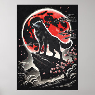 Poster Lobo Solitário na Lua Vermelha - Arte de Tattoo de