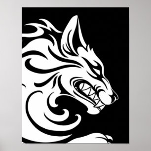 Poster Lobo tribal branco e preto agressivo