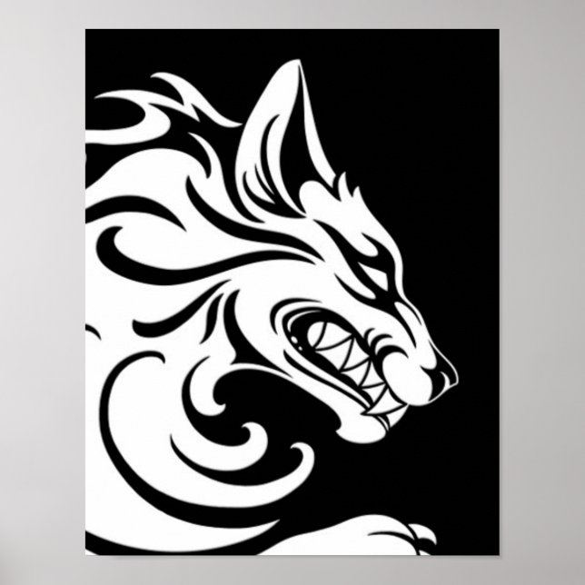 Poster Lobo Tribal Negro e Branco Agressivo (Frente)