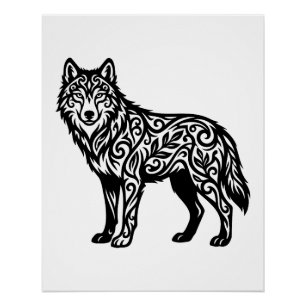 Pôster Lobo Tribal Ornamental com Redemoinhos Decorativos