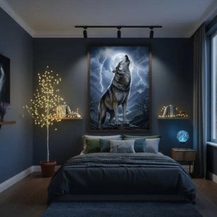 Poster Lobo Uivando à Lua Cheia com Tempestade de Relâmpa